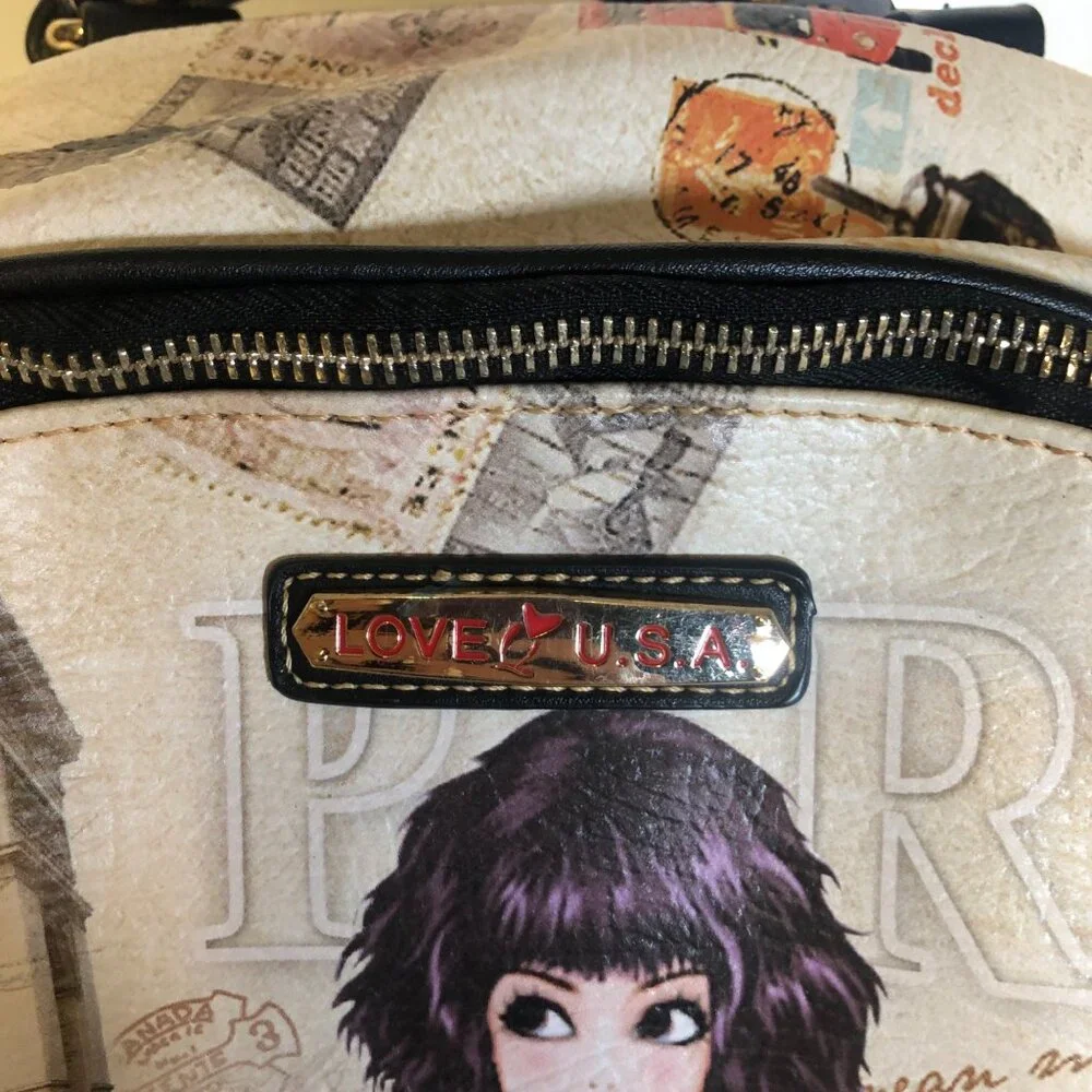 Love Q USA Paris Print Backpack Laptop Pocket Girl Dog Illustration